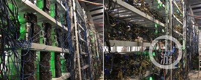 A depiction of a bustling mining farm with rows of operational rigs