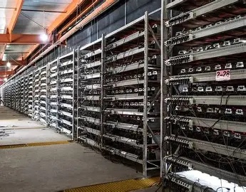 A large-scale mining farm with rows of powerful mining rigs