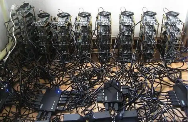 An expansive view of a hosted mining farm, illustrating rows of advanced mining rigs dedicated to currencies like Bitcoin and Ethereum